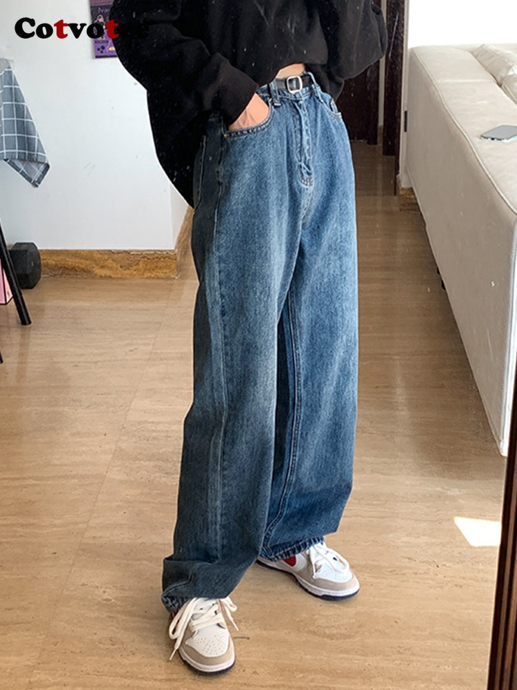 Cotvotee Light Blue Jeans Woman 2022 New Chic High Waisted Baggy Jeans Vintage High Street Washed Straight Full Leng
